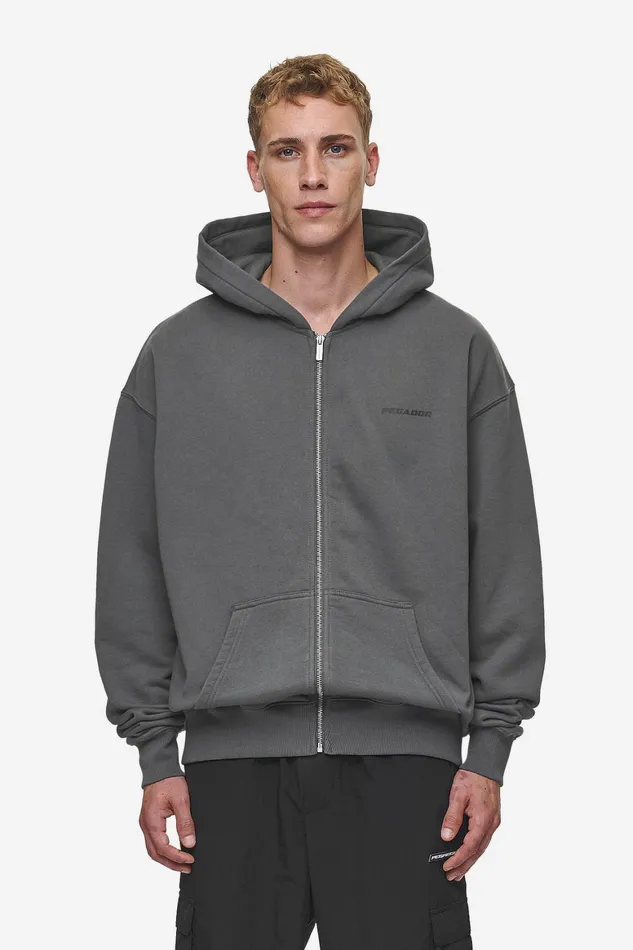 Men Pegador Zip Hoodies Colne Logo Oversized Sweat Jacket Washed Anthracite Black
