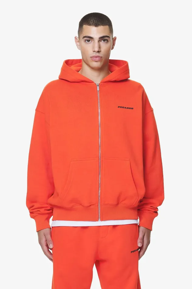 Men Pegador Zip Hoodies Logo Oversized Sweat Jacket Washed Signal Red Gum