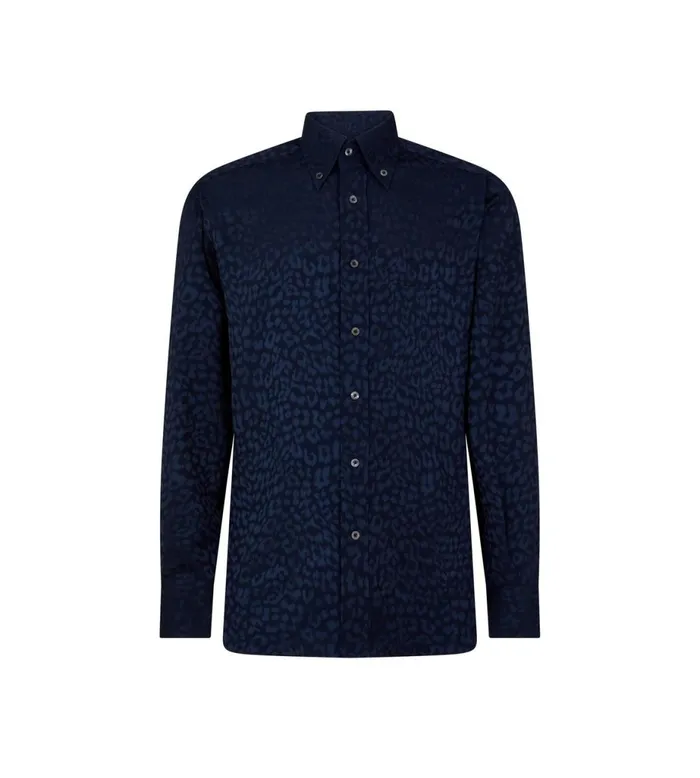 Men Shirts Tom Ford Leopard Jacquard Fluid Fit Shirt Ink Blue