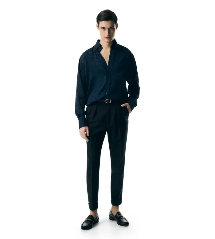 Men Shirts Tom Ford Leopard Jacquard Fluid Fit Shirt Ink Blue Men Shirts Tom Ford Leopard Jacquard Fluid Fit Shirt Ink Blue