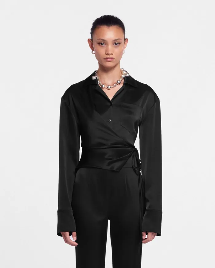 Merano Slip Satin Wrap Shirt Black Women Nanushka Tops