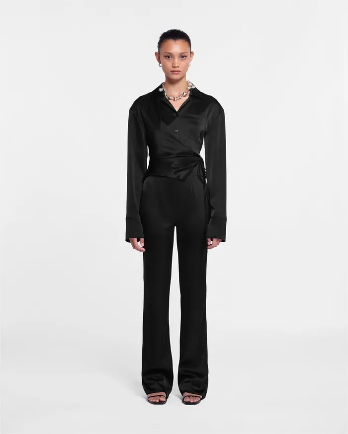 Merano Slip Satin Wrap Shirt Black Women Nanushka Tops