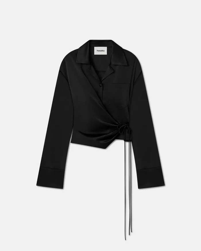Merano Slip Satin Wrap Shirt Black Women Nanushka Tops