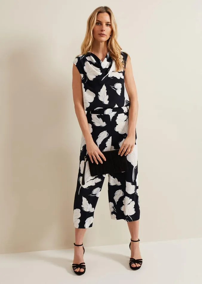 Noelle Leaf Print Cowl Neck Top Navy Women Phase Eight Shirts and Blouses