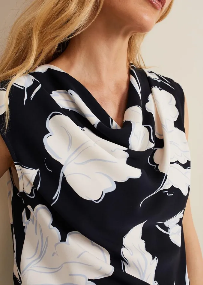 Noelle Leaf Print Cowl Neck Top Navy Women Phase Eight Shirts and Blouses