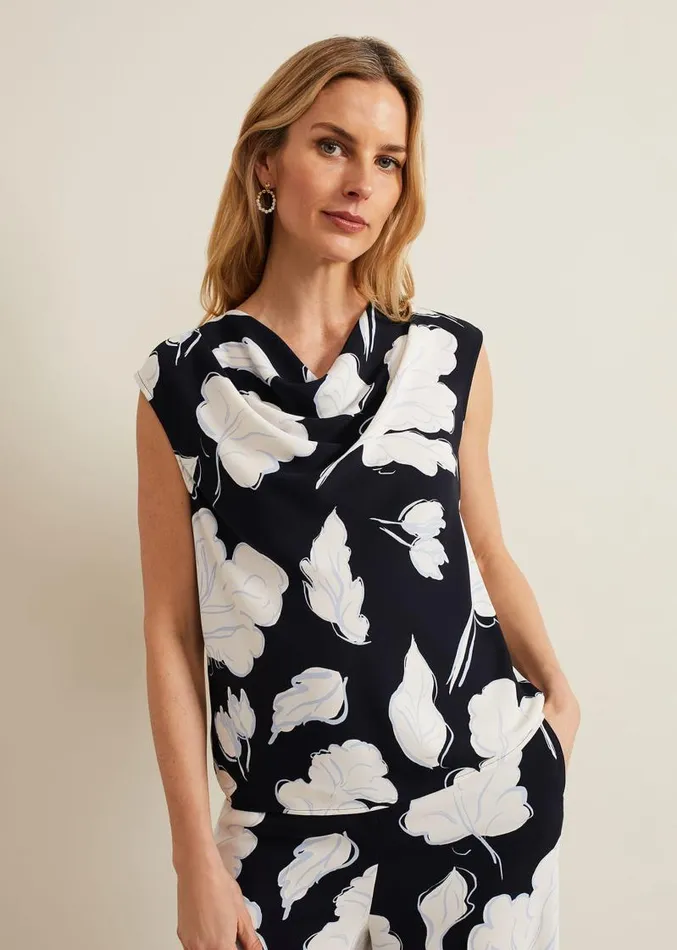 Noelle Leaf Print Cowl Neck Top Navy Women Phase Eight Shirts and Blouses