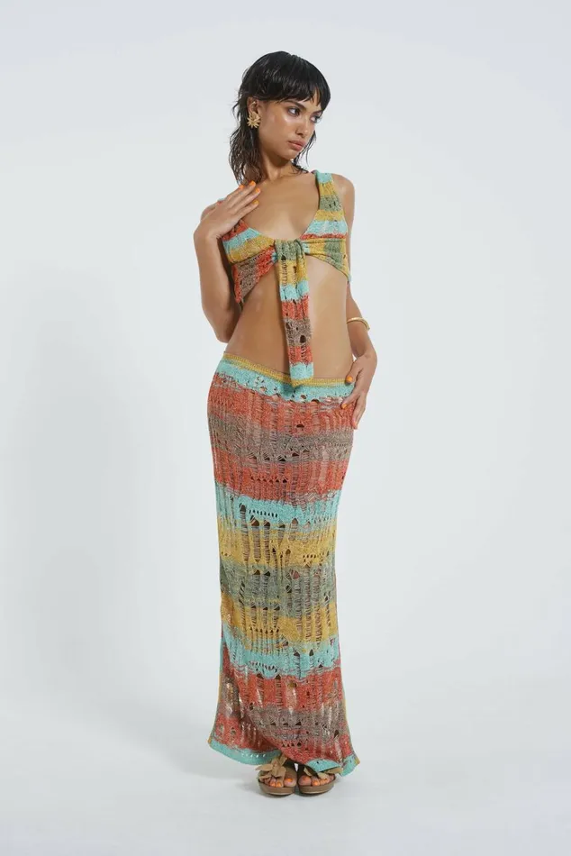 Odette Striped Laddered Wrap Knit Top Multi Women Jaded London Beach CoOrds