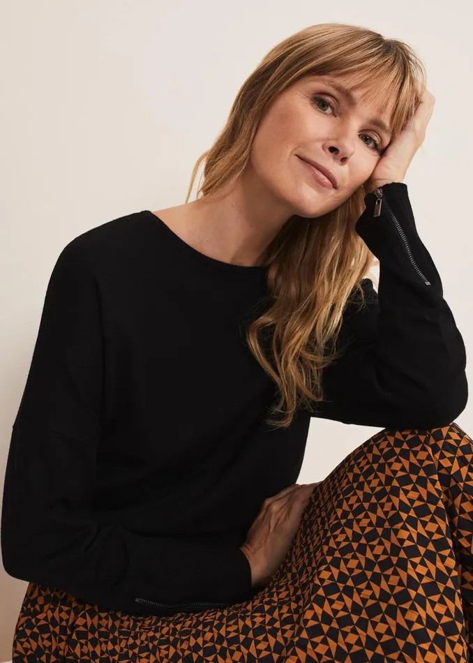 Olivian Zip Cuff Detail Knit Black Women Phase Eight Knitwear
