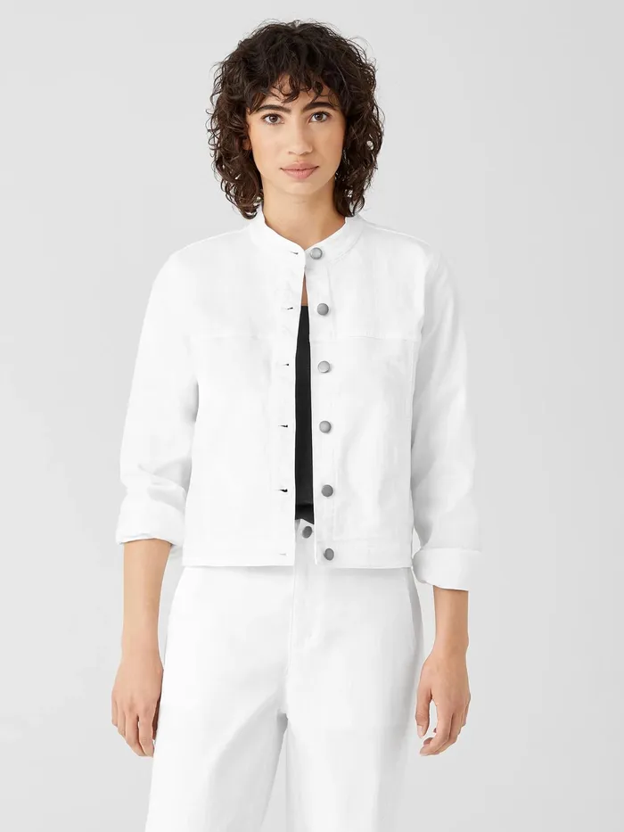 Organic Cotton Denim Stand Collar Jacket White Women Eileen Fisher Denim