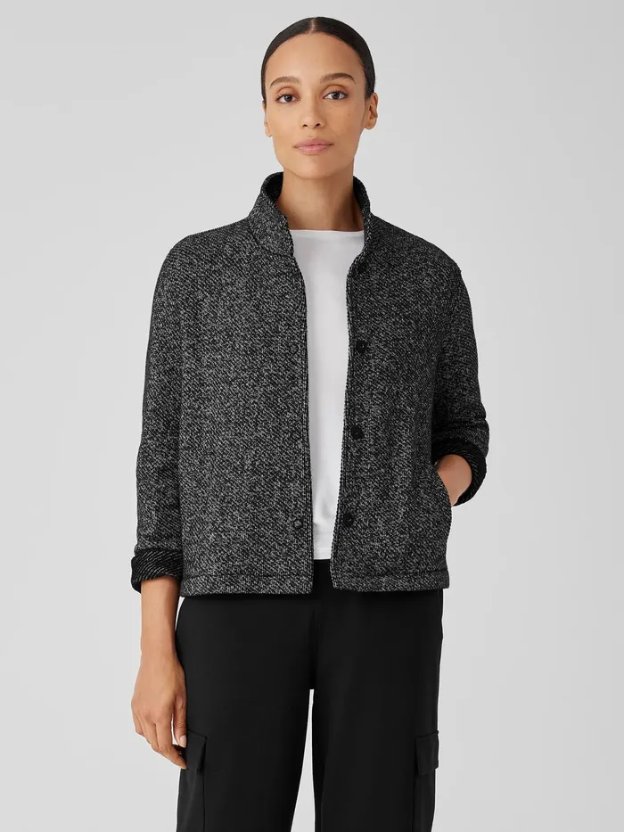 Organic Cotton Terry Stand Collar Jacket Blacksoftwhite Women Eileen Fisher Jackets Coats and Vests