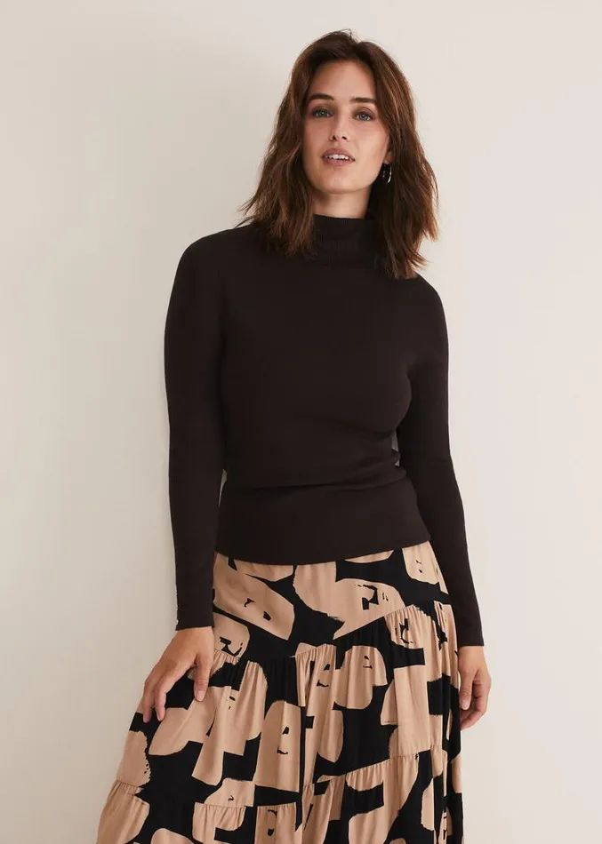 Ottilie Button Detail Roll Neck Knit Chocolate Women Phase Eight Knitwear