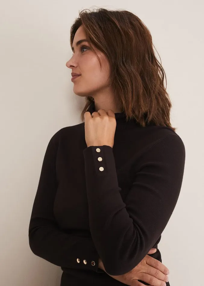 Ottilie Button Detail Roll Neck Knit Chocolate Women Phase Eight Knitwear