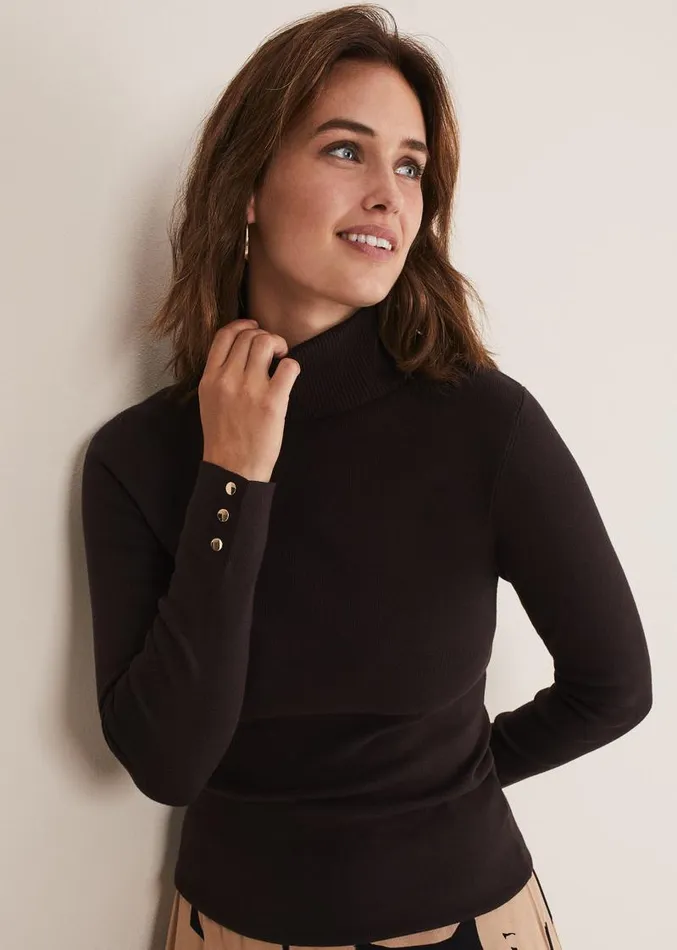 Ottilie Button Detail Roll Neck Knit Chocolate Women Phase Eight Knitwear