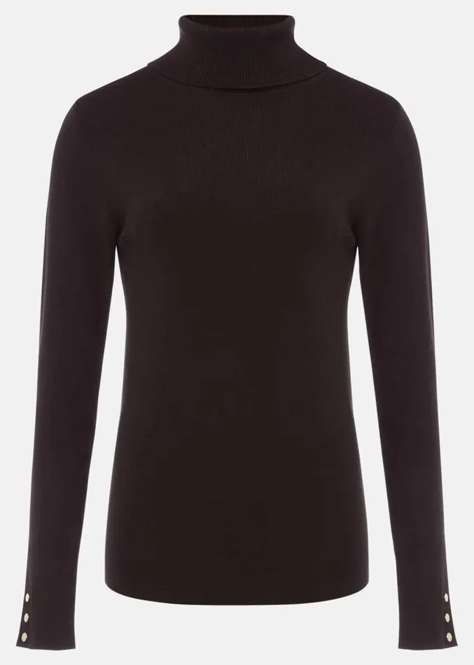 Ottilie Button Detail Roll Neck Knit Chocolate Women Phase Eight Knitwear