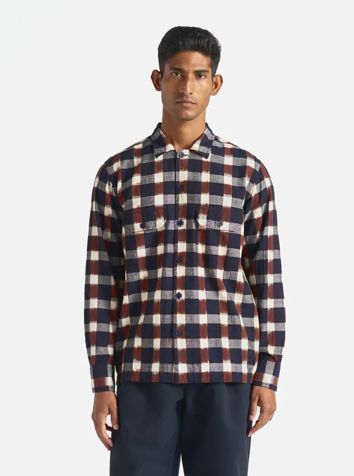 Overshirts Men Universal Works Universal Works LS Utility Shirt In NavyBrown Check Ikat Overshirts Men Universal Works Universal Works LS Utility Shirt In NavyBrown Check Ikat