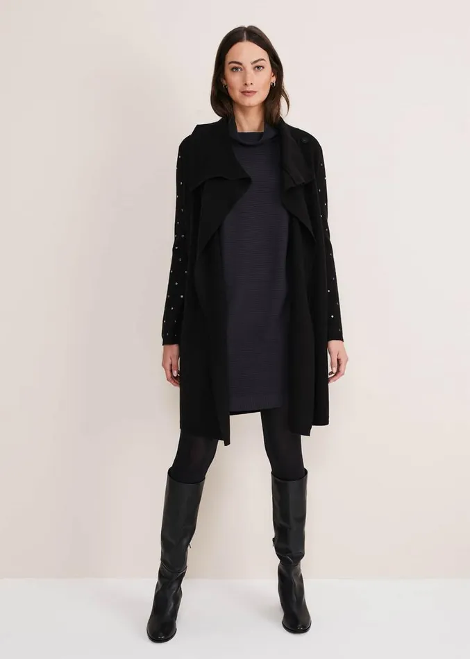 Paloma Stud Sleeve Knit Coat Black Women Phase Eight Knitwear