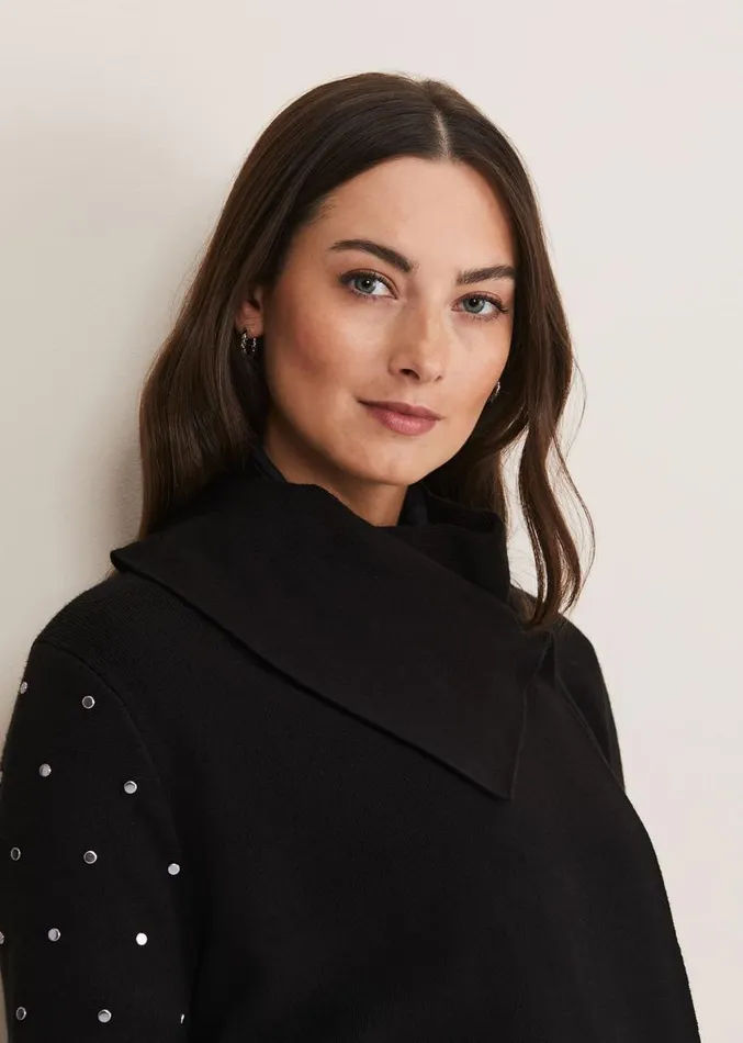 Paloma Stud Sleeve Knit Coat Black Women Phase Eight Knitwear