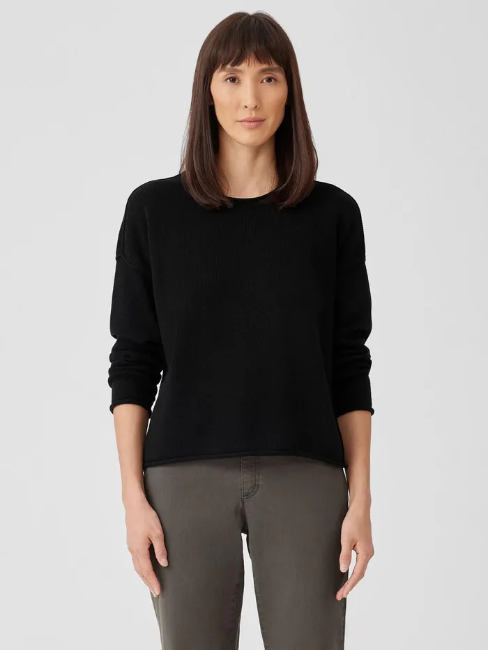 Peruvian Cotton Blend Crew Neck Top Black Women Eileen Fisher Sweaters and Cardigans