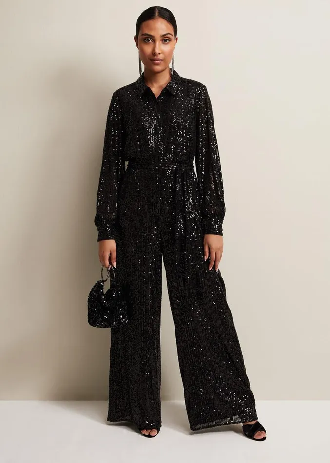 Petite Alessandra Black Sequin Jumpsuit Black Women Phase Eight Dresses