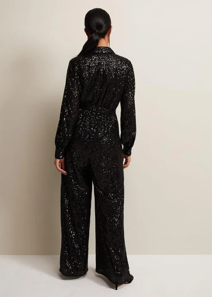 Petite Alessandra Black Sequin Jumpsuit Black Women Phase Eight Dresses