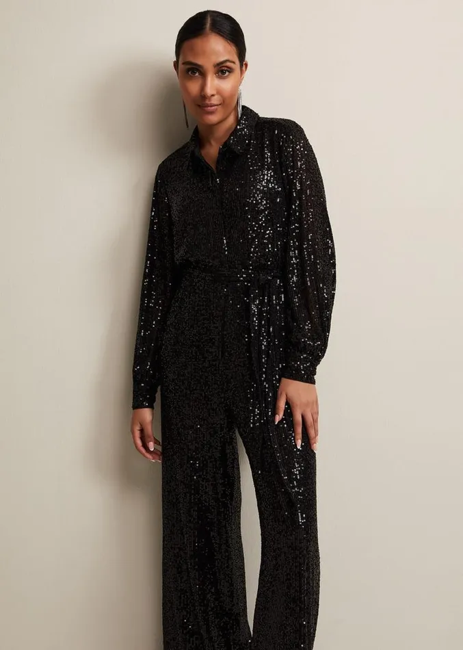 Petite Alessandra Black Sequin Jumpsuit Black Women Phase Eight Dresses