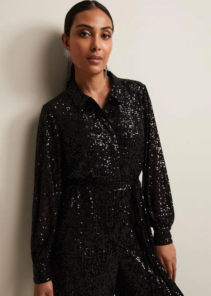 Petite Alessandra Black Sequin Jumpsuit Black Women Phase Eight Dresses