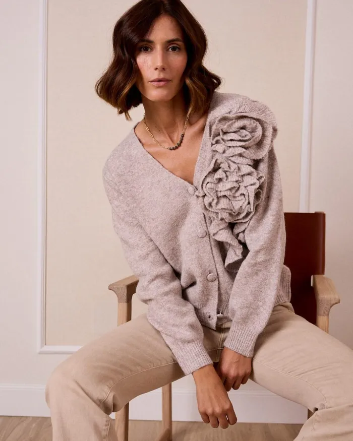 Polin Et Moi Knitted Peony Cardigan Taupe Women Cardigans And Sweaters