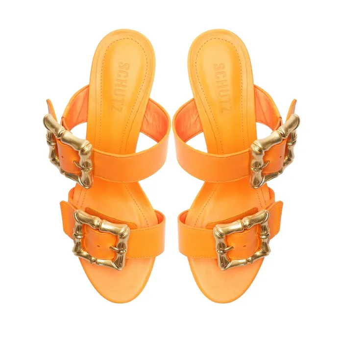Schutz Shoes Enola Women Enola Mid Block Leather Sandal Orange