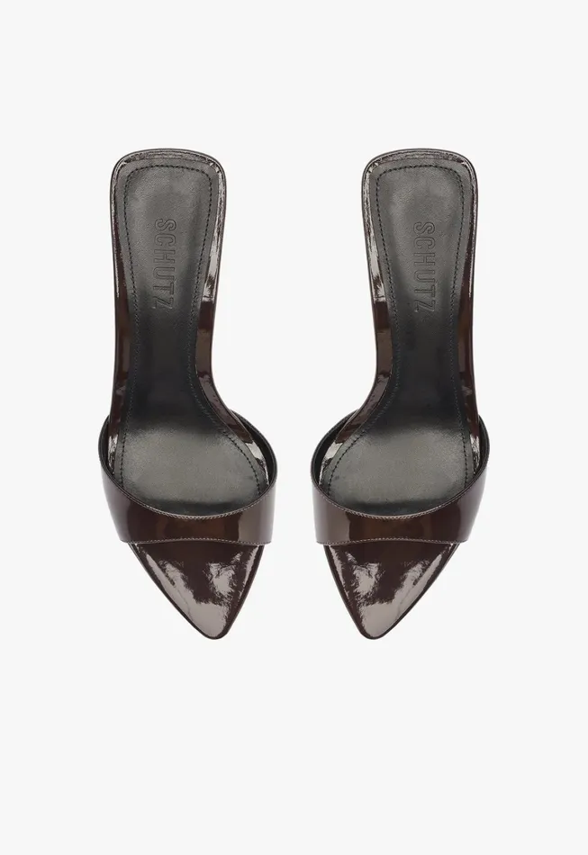 Schutz Shoes Mules Women Elodie Patent Leather Sandal Dark Brown