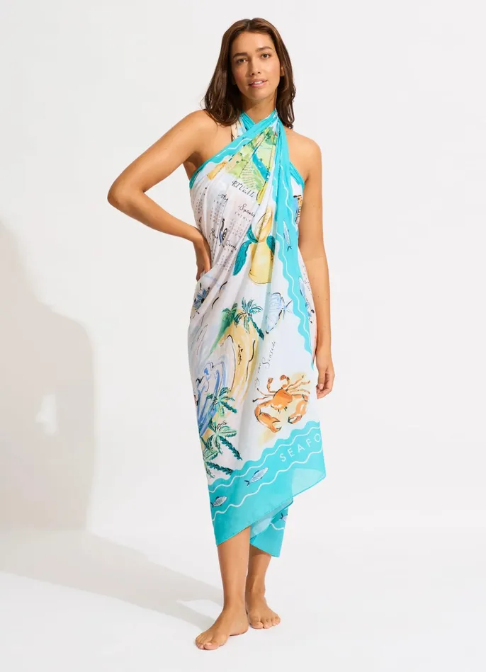 Seafolly Wish You Were Here Sarong 8211 Atoll Blue Women Skirts and Sarongs