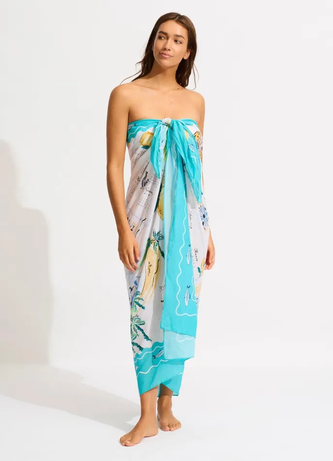 Seafolly Wish You Were Here Sarong 8211 Atoll Blue Women Skirts and Sarongs