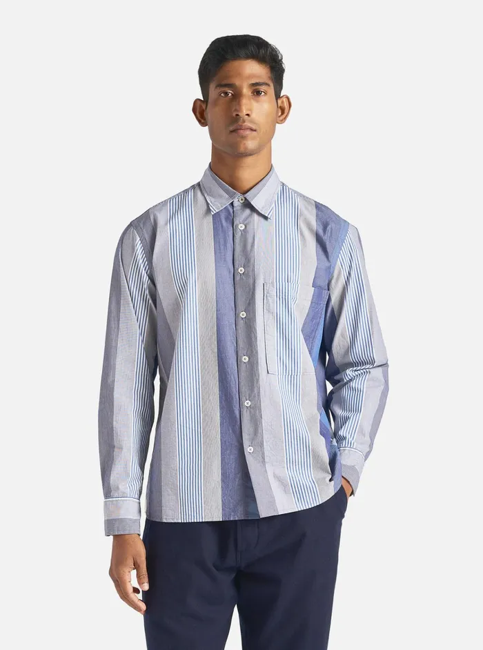 Shirts Men Universal Works Universal Works Square Pocket Shirt In Blue Multi Stripe Cotton Shirts Men Universal Works Universal Works Square Pocket Shirt In Blue Multi Stripe Cotton