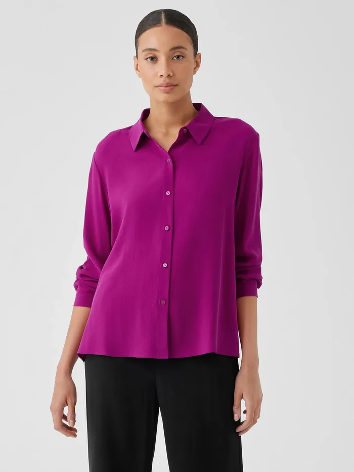 Silk Georgette Crepe Classic Collar Shirt Bone Women Eileen Fisher Tops and Tees