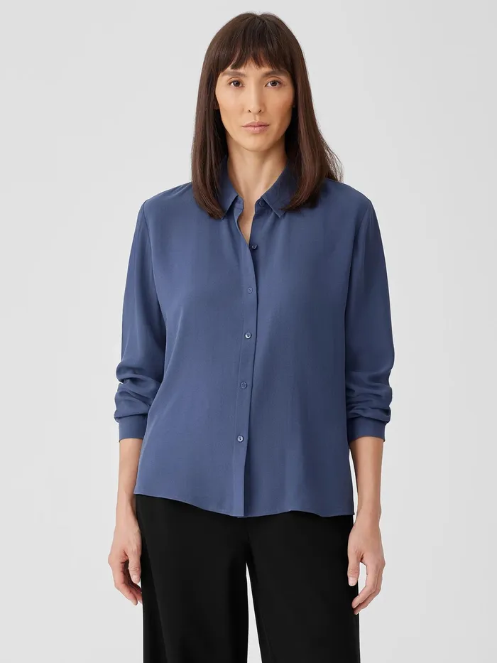 Silk Georgette Crepe Classic Collar Shirt Twilight Women Eileen Fisher Tops and Tees