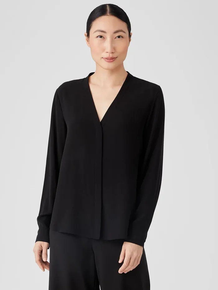 Silk Georgette Crepe VNeck Shirt Black Women Eileen Fisher Tops and Tees