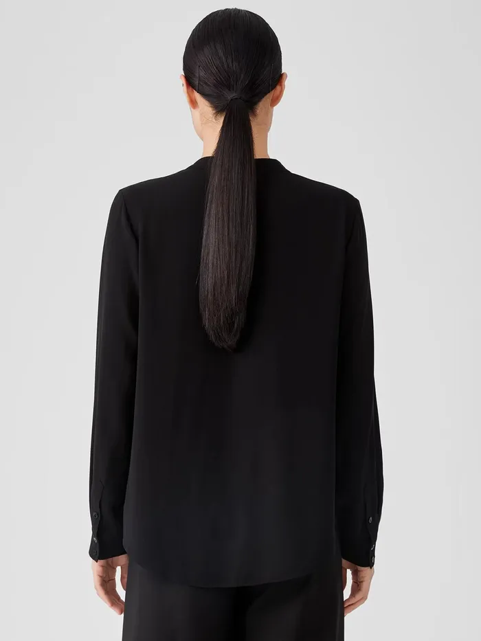 Silk Georgette Crepe VNeck Shirt Black Women Eileen Fisher Tops and Tees