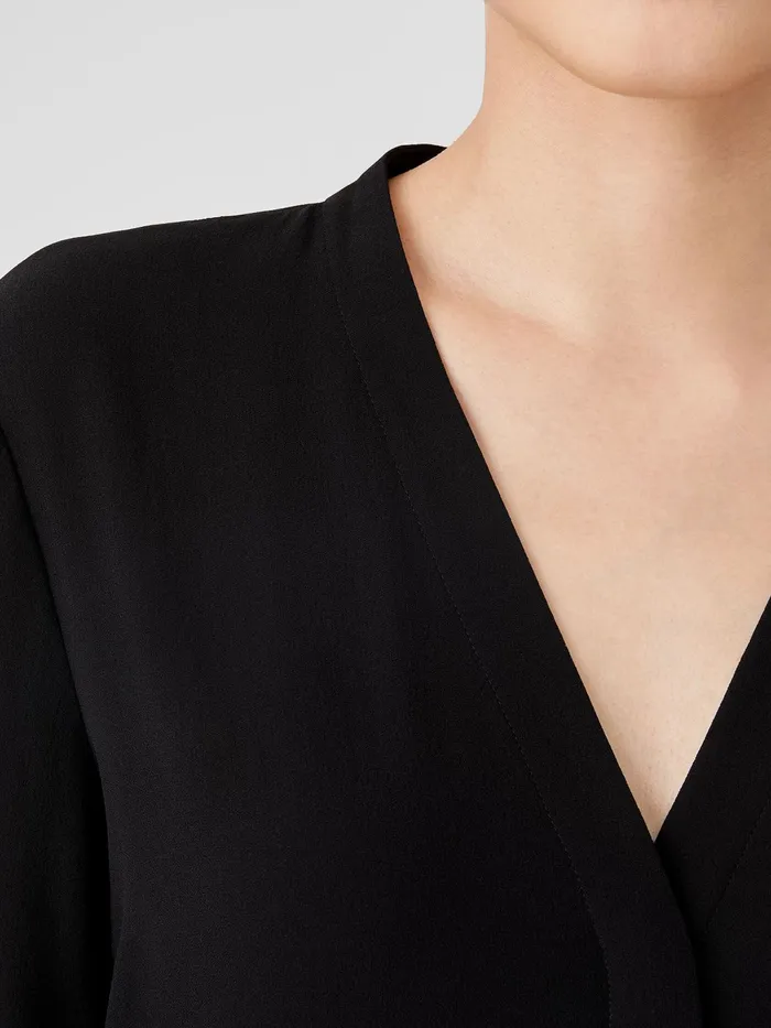 Silk Georgette Crepe VNeck Shirt Black Women Eileen Fisher Tops and Tees