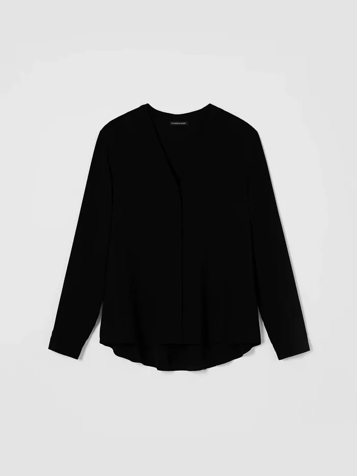 Silk Georgette Crepe VNeck Shirt Black Women Eileen Fisher Tops and Tees