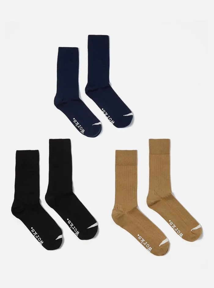 Socks Men Universal Works Universal Works 3 Pack Modal Sock In BlackNavyCumin Rib Knit