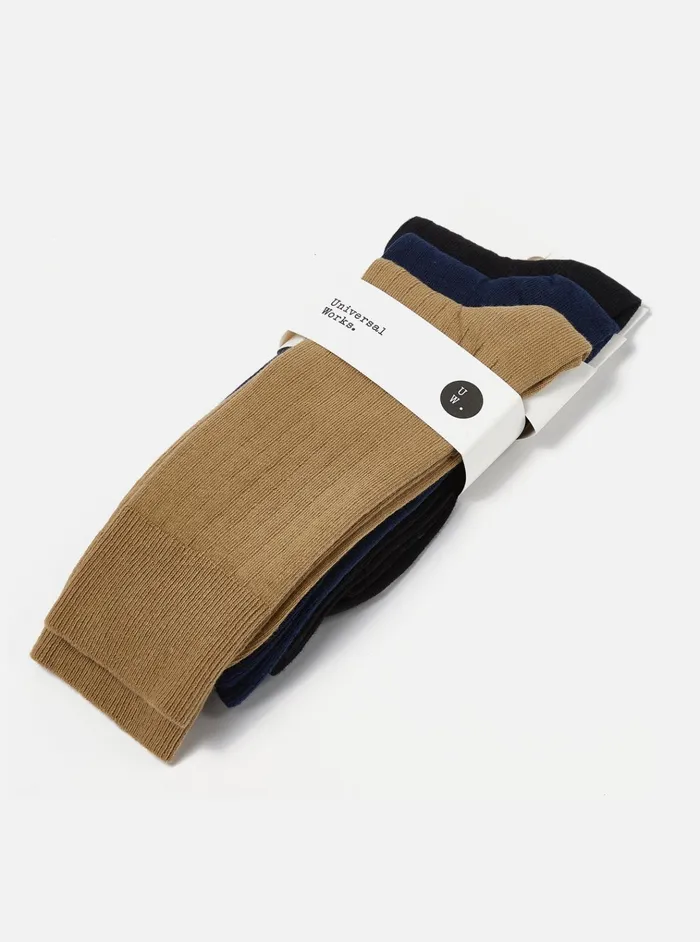 Socks Men Universal Works Universal Works 3 Pack Modal Sock In BlackNavyCumin Rib Knit