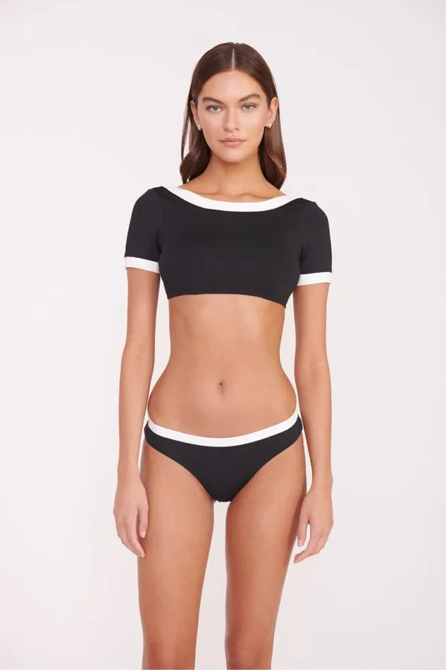 STAUD Bikinis Women STAUD LILY SHORT SLEEVE BIKINI TOP BLACK WHITE