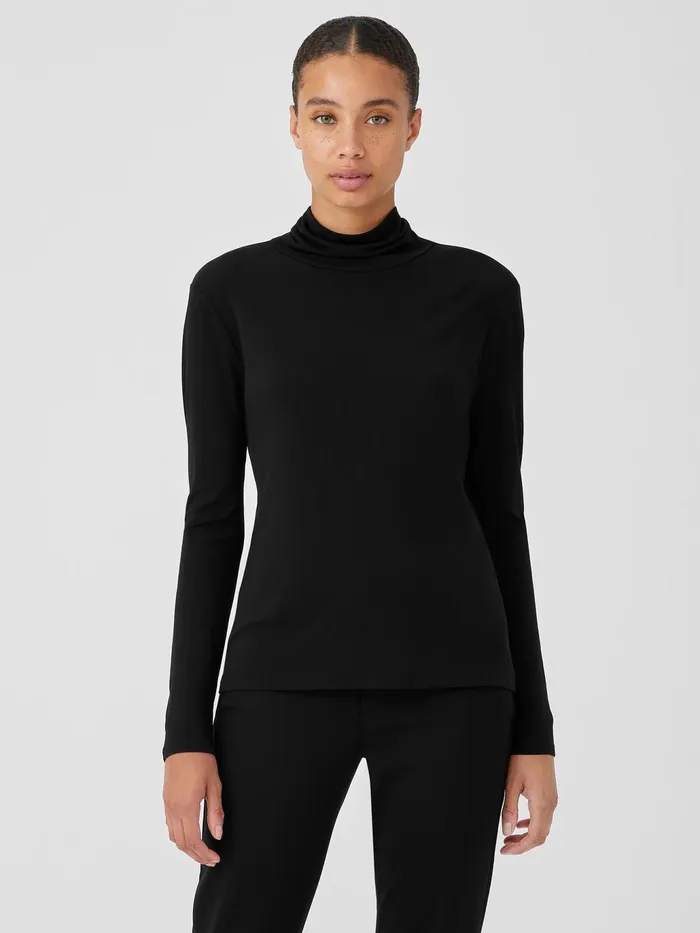 Stretch Silk Jersey Scrunch Neck Top Black Women Eileen Fisher Tops and Tees