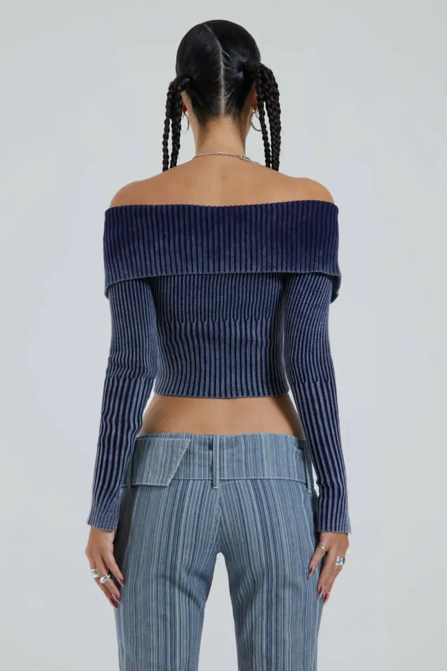 Tribeca Ribbed Off The Shoulder Knit Blue Women Jaded London Knitwear