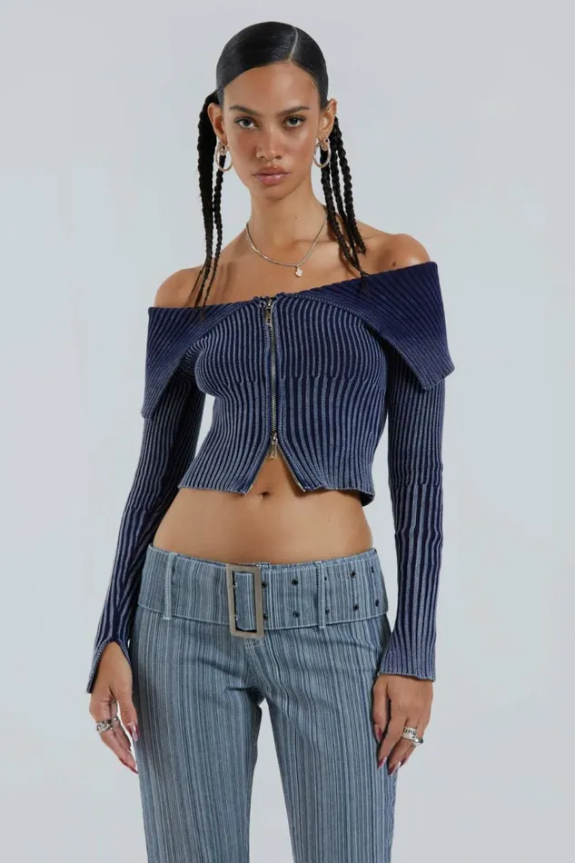 Tribeca Ribbed Off The Shoulder Knit Blue Women Jaded London Knitwear Tribeca Ribbed Off The Shoulder Knit Blue Women Jaded London Knitwear