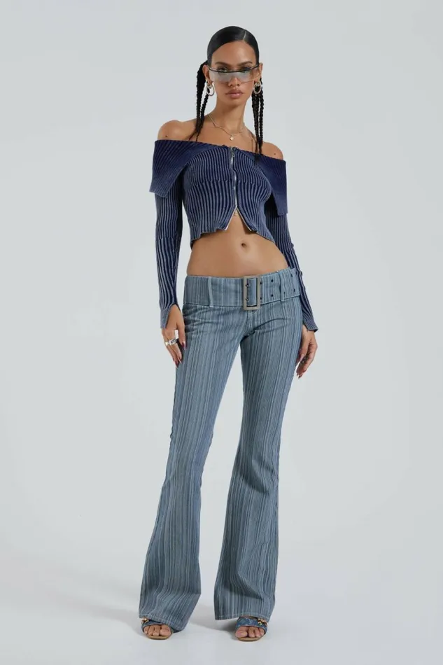 Tribeca Ribbed Off The Shoulder Knit Blue Women Jaded London Knitwear Tribeca Ribbed Off The Shoulder Knit Blue Women Jaded London Knitwear