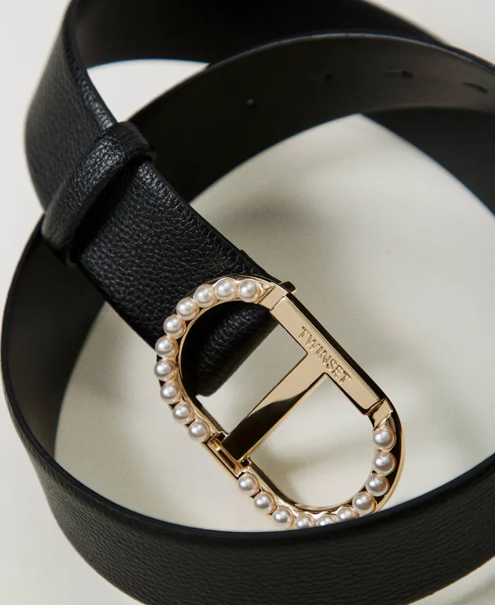 Twinset Belt With Oval T Buckle And Pearls Black Women Belts Twinset Belt With Oval T Buckle And Pearls Black Women Belts