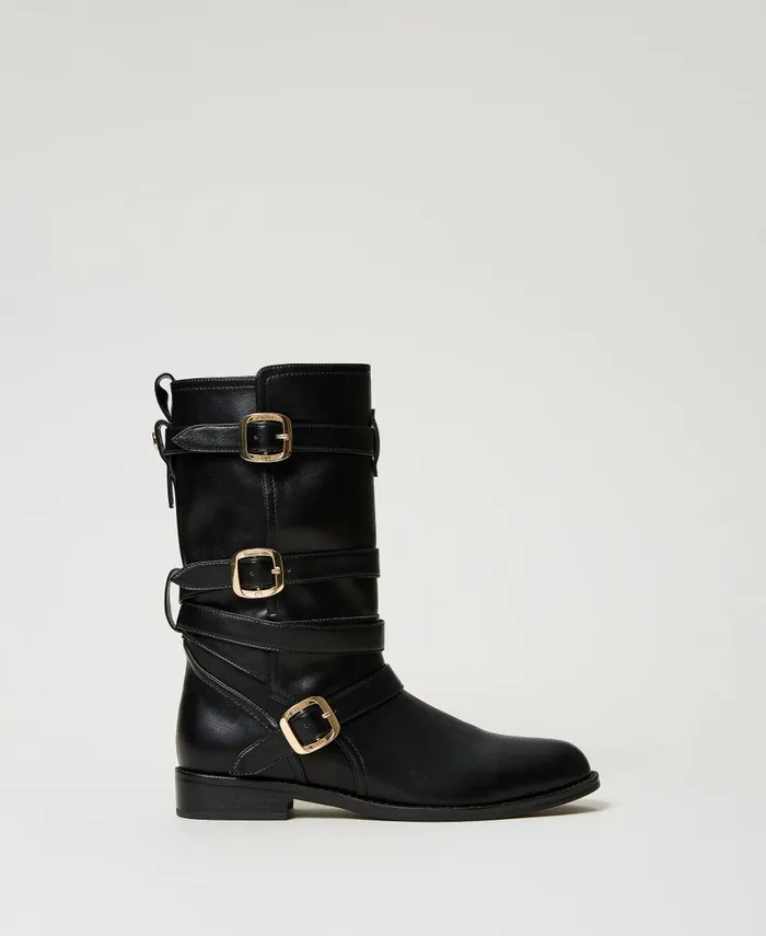 Twinset Biker Boots With Straps Black Women Boots And Ankle Boots