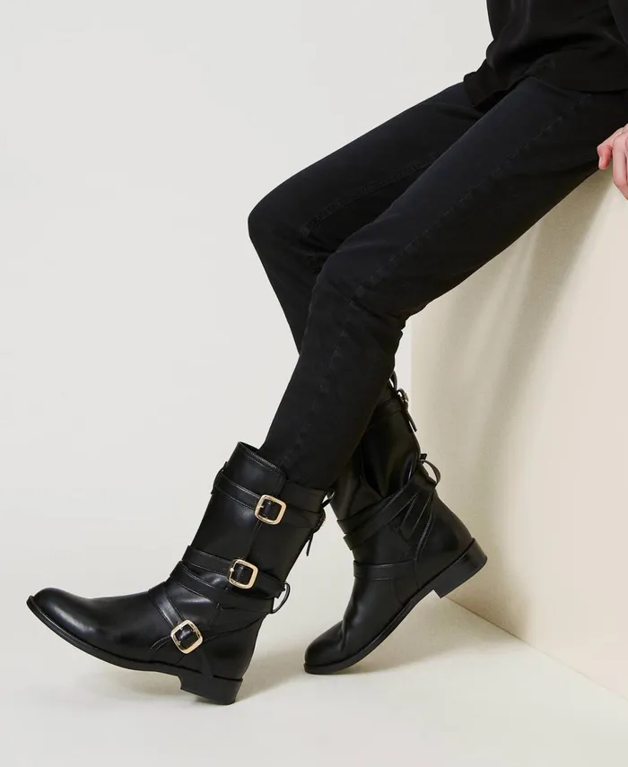 Twinset Biker Boots With Straps Black Women Boots And Ankle Boots Twinset Biker Boots With Straps Black Women Boots And Ankle Boots