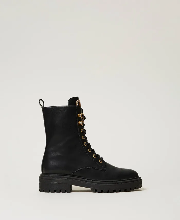 Twinset Combat Boots With Rhinestone Oval T Black Women Combat Boots