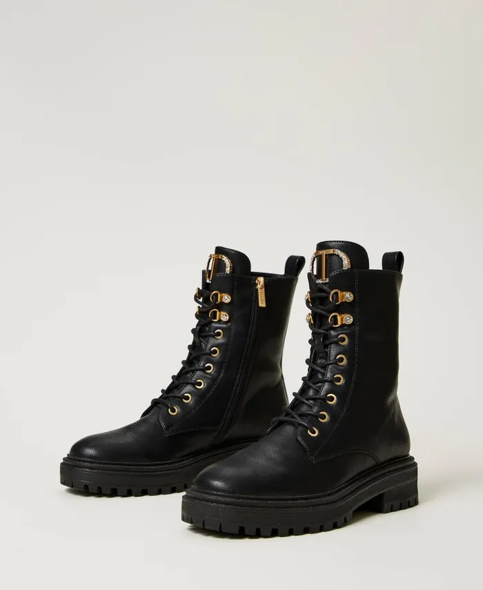 Twinset Combat Boots With Rhinestone Oval T Black Women Combat Boots Twinset Combat Boots With Rhinestone Oval T Black Women Combat Boots
